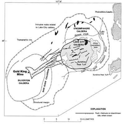 Figure 1: Generalized Geology of the Western San Juan Caldera Complex, showing the location of the Gold King mine (from Steven and Lipman, 1976)