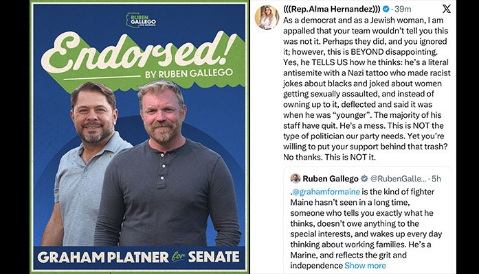 Sen. Ruben Gallego Endorses Nazi Socialist in Maine Senate Race